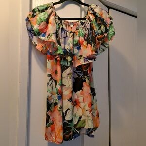 Spense Multicolor Floral Off-Shoulder Ruffle Tunic